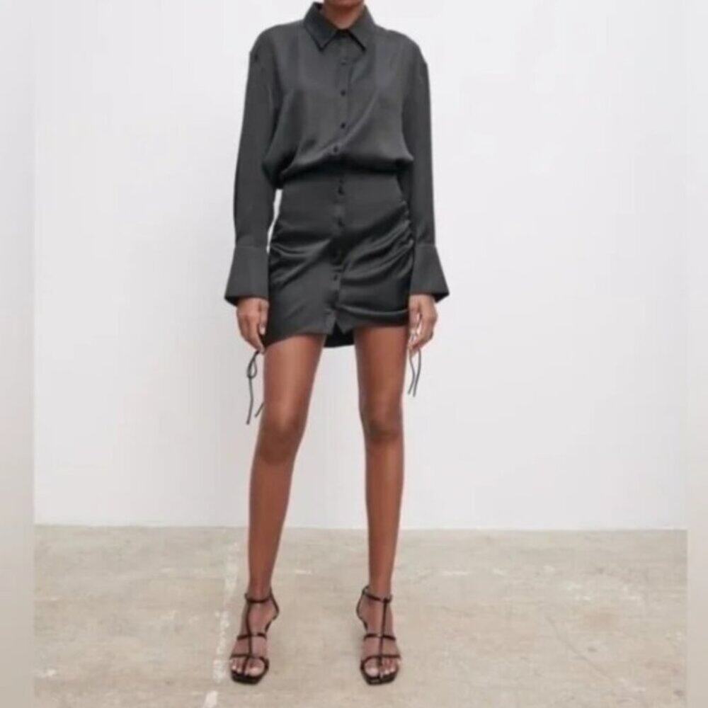 NEW Zara Draped Black Satin Effect Button Up Dress Ruched Tie Viral Date Night